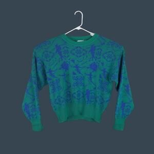 Women's Cheryl Tiegs Large Ski Sweater Crew Neck Green Blue Skier Trees